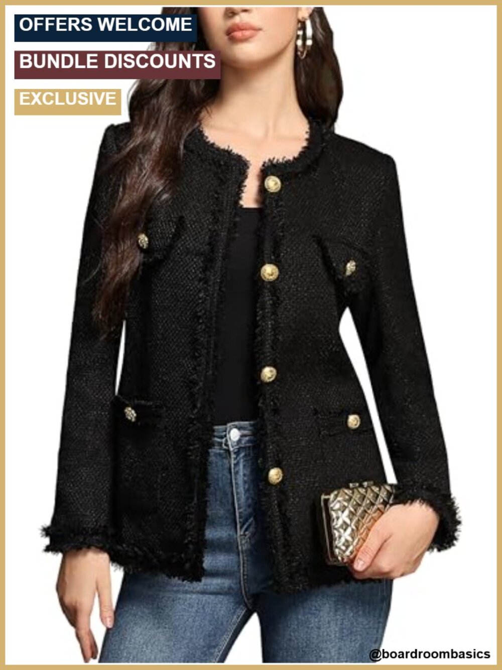 Womens Tweed Blazer Collarless Long Pockets Polyester